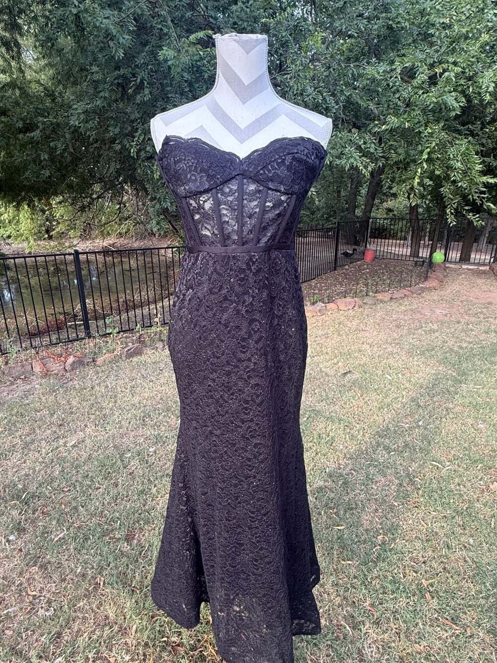 Morgan & Co Suze 11  Black Lace Strapless Mermaid Gown